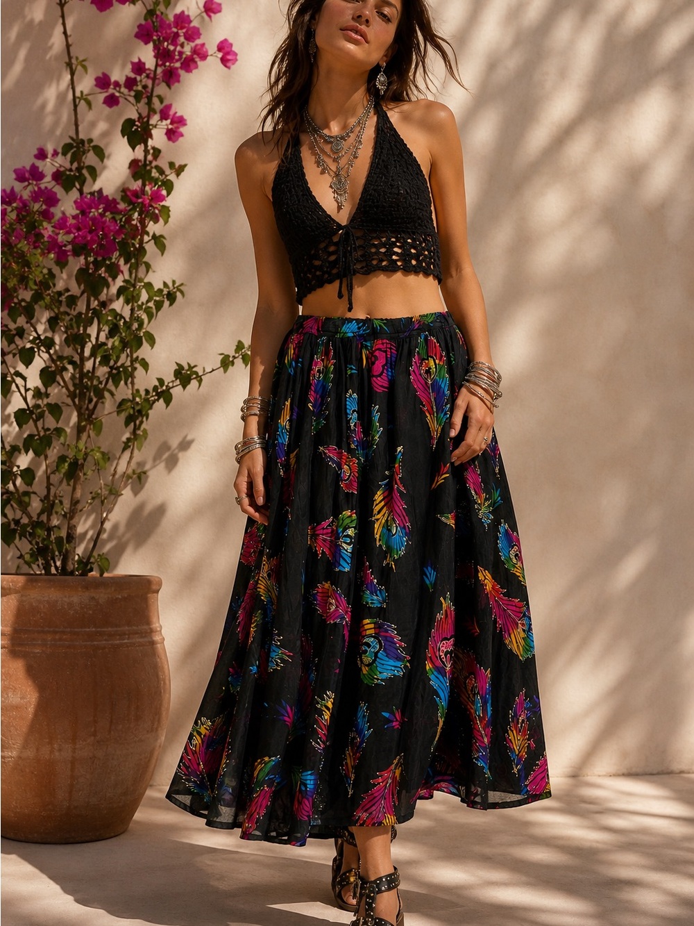 BOUTIQUE Feather Print Midi Skirt Metallic Cotton Lined Boho Flow